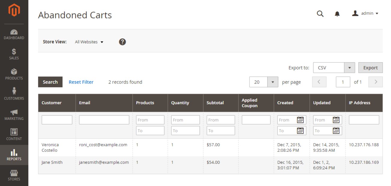 Abandoned Carts Report تقارير التسويق Marketing Reports على متجر ماجنتو 2
