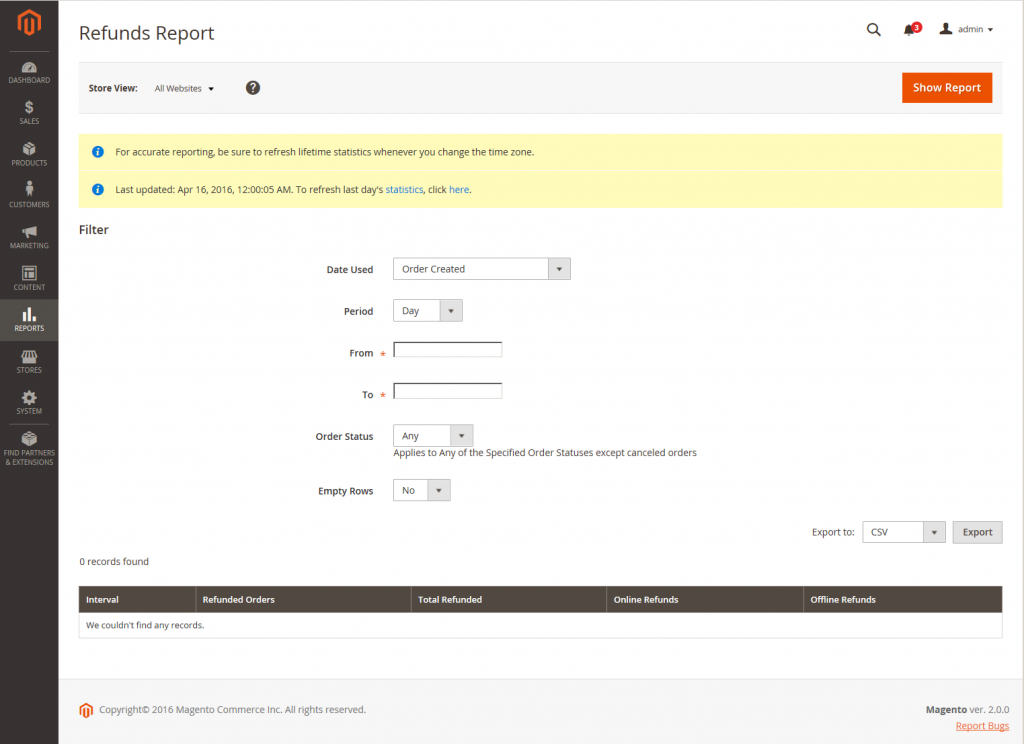 تقرير المسترجعات Refunds Report تقارير المبيعات (Sales Report) فى متجر ماجنتو 2