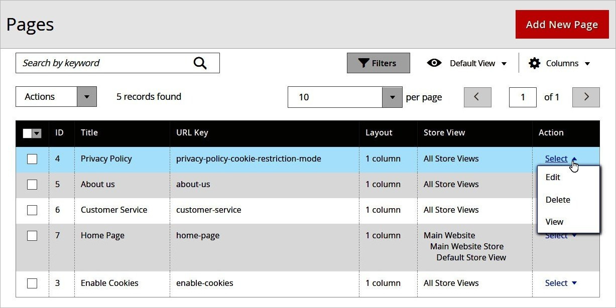 إجراءات الصفحات (Pages Actions) داخل لوحة تحكم ماجنتو 2