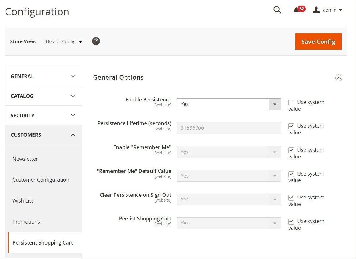 إعدادات تكوين السلة الدائمة ( Persistent Shopping Cart Configuration) فى ماجنتو 2