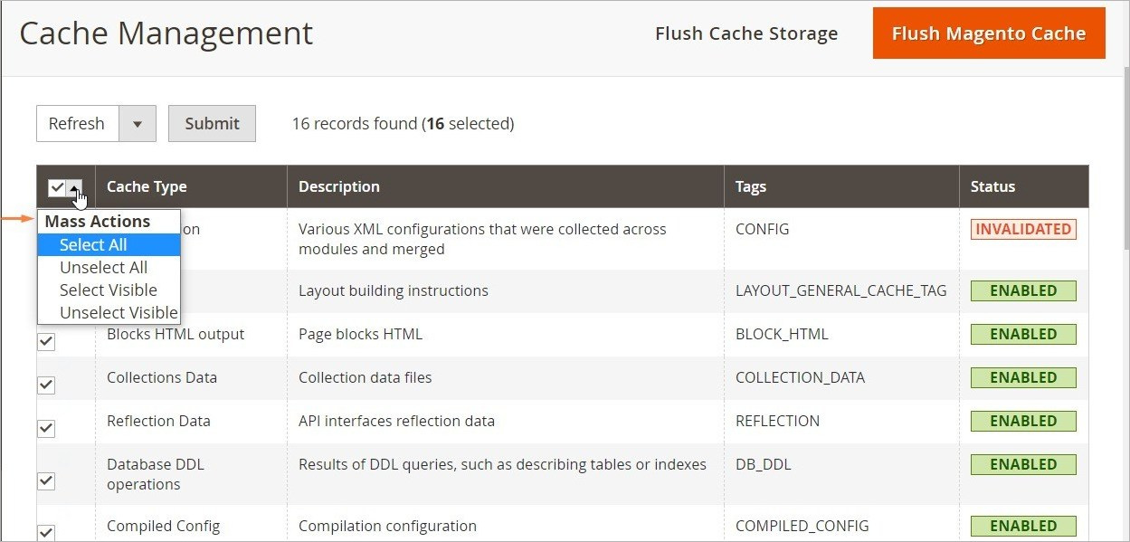 Mass Actions إدارة ذاكرة التخزين المؤقت (Cache Management) فى ماجنتو 2